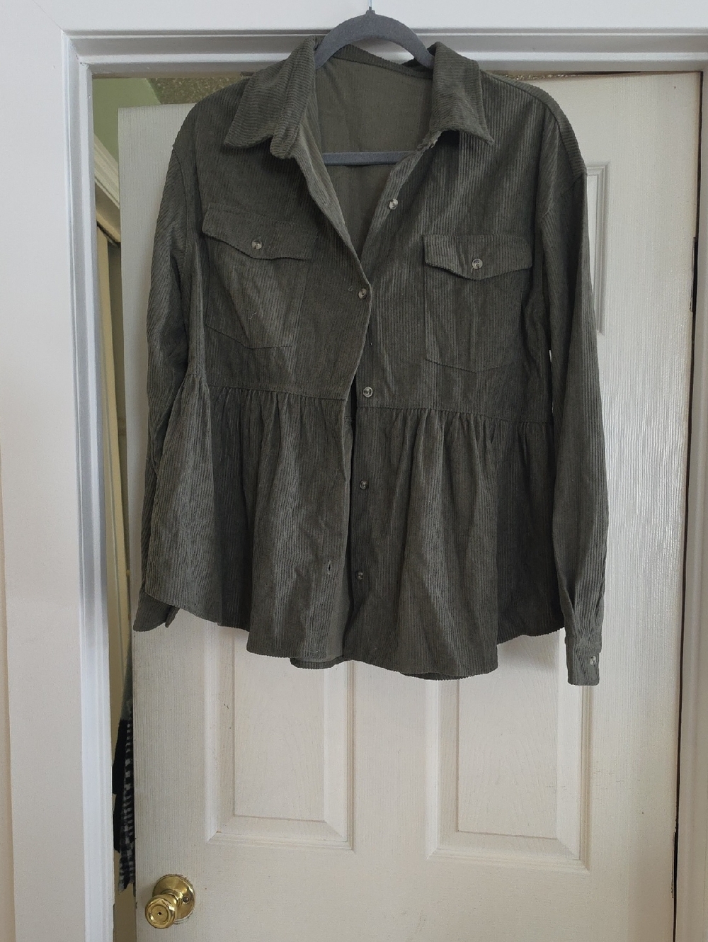 Amazon Olive Green Corduroy Button-Down Peplum Shirt